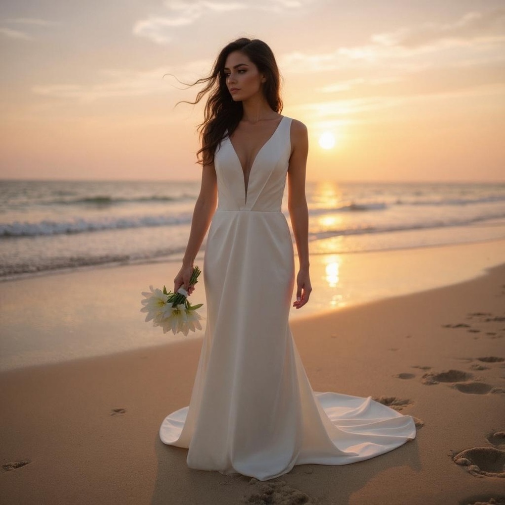 Sheath Delight White Sleeveless Wedding Dress w/ Plunging Neck & Train-size 4
